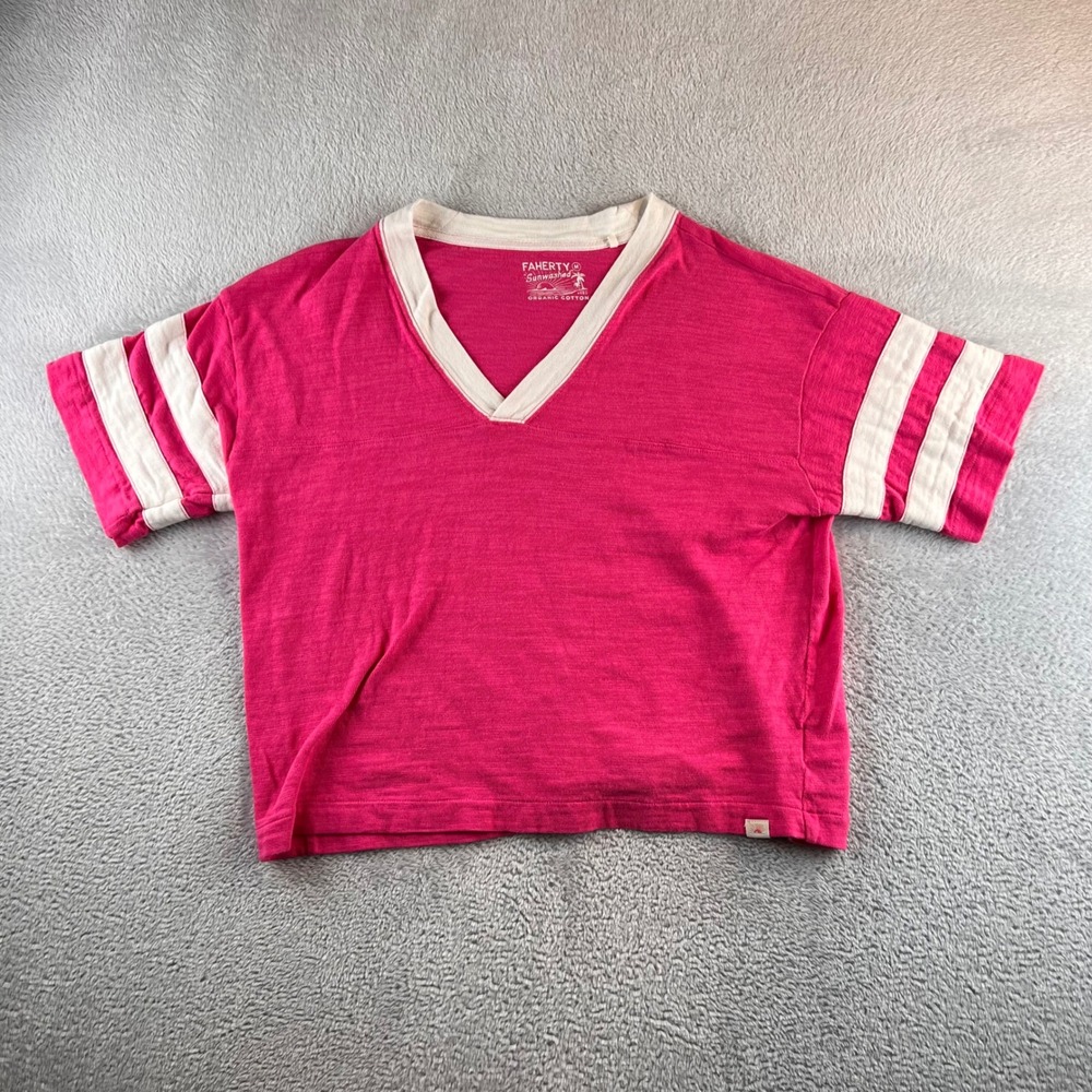 Faherty Sunwashed Pink Organic Cotton V-Neck Athletic Stripe Tee Women Medium